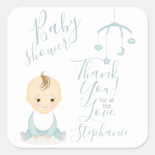 Cute Baby Boy en zijn mobiel Baby shower Vierkante Sticker (Voorkant)