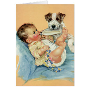  Cute Baby Boy met fles en puppy Dog