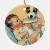 Cute Baby Boy met fles en puppy Dog Keramisch Ornament (Voorkant)