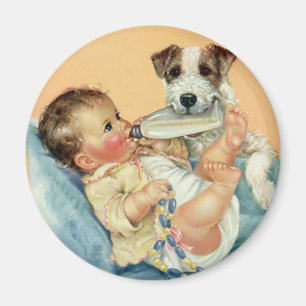  Cute Baby Boy met fles en puppy Dog Magneet