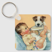  Cute Baby Boy met fles en puppy Dog Sleutelhanger (Voorkant)