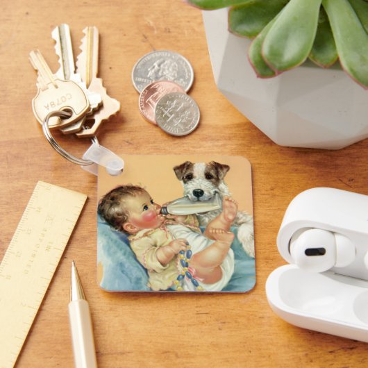  Cute Baby Boy met fles en puppy Dog Sleutelhanger (Bureau)