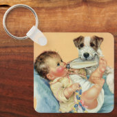  Cute Baby Boy met fles en puppy Dog Sleutelhanger (Voorkant)
