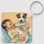  Cute Baby Boy met fles en puppy Dog Sleutelhanger (Achterkant)