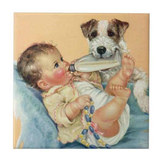  Cute Baby Boy met fles en puppy Dog Tegeltje (Voorkant)