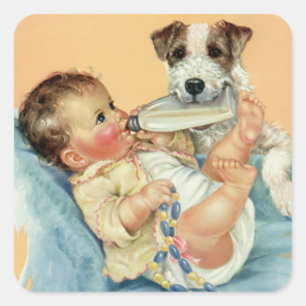  Cute Baby Boy met fles en puppy Dog Vierkante Sticker