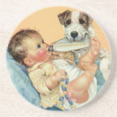  Cute Baby Boy met fles en puppy Dog Zandsteen Onderzetter (Voorkant)