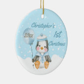 Cute Baby Boy Penguin's First Kerstblauw Keramisch Ornament (Rechts)