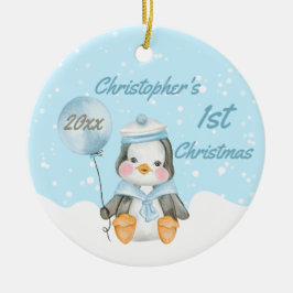 Cute Baby Boy Penguin's First Kerstblauw Keramisch Ornament