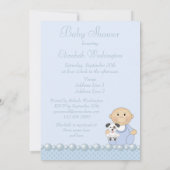 Cute Baby Boy & Puppy Blue Baby shower Kaart (Achterkant)