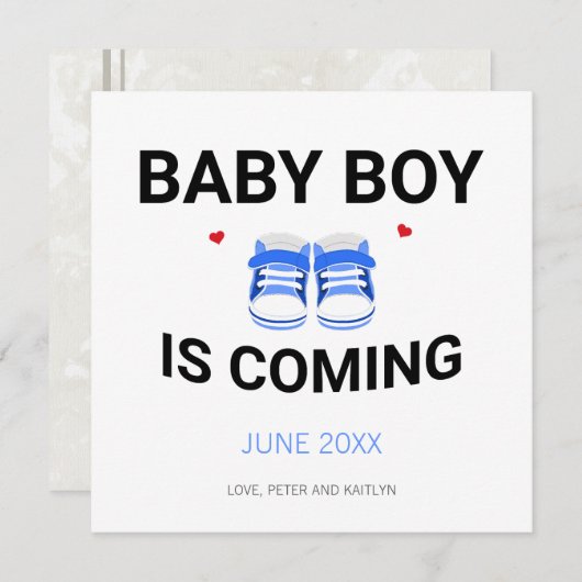 Cute Baby Boy Shoes Coming Soon Blue Pregnancy Aankondiging (Voorkant / Achterkant)