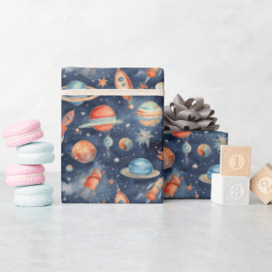 Cute Baby Boy Space Planet Waterverf Blue Oranje Cadeaupapier