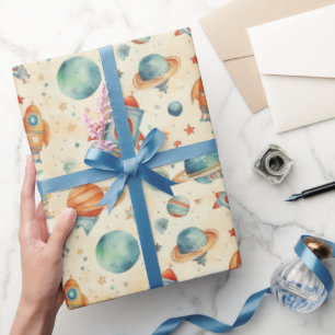 Cute Baby Boy Space Planet Waterverf Blue Oranje Cadeaupapier