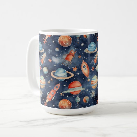 Cute Baby Boy Space Planet Waterverf Blue Oranje Koffiemok (Voorkant links)