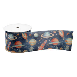 Cute Baby Boy Space Planet Waterverf Blue Oranje Satijnen Lint