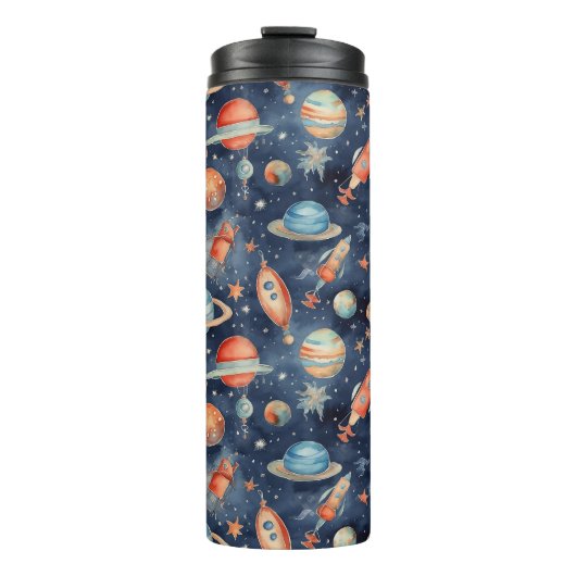 Cute Baby Boy Space Planet Waterverf Blue Oranje Thermosbeker (Voorkant)