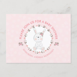 Cute Baby Bunny Floral Wreath Pink Baby shower Uitnodiging Briefkaart