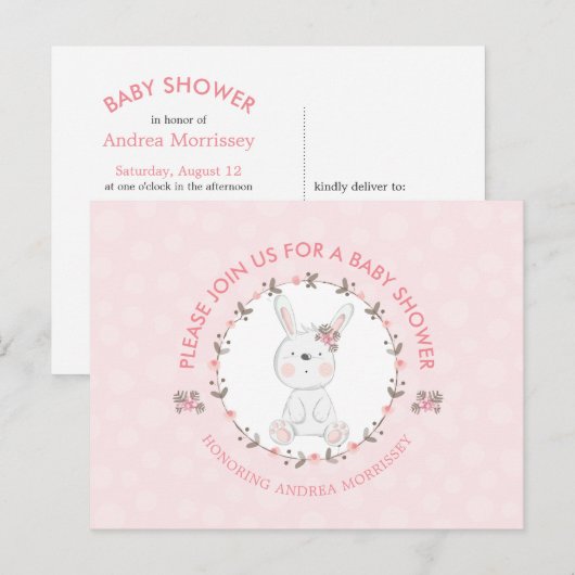 Cute Baby Bunny Floral Wreath Pink Baby shower Uitnodiging Briefkaart (Voorkant / Achterkant)
