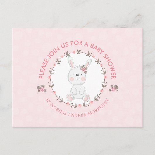 Cute Baby Bunny Floral Wreath Pink Baby shower Uitnodiging Briefkaart (Voorkant)