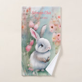 Cute Baby Bunny Pastel Waterverf Spring Flowers Bad Handdoek (Handdoek)