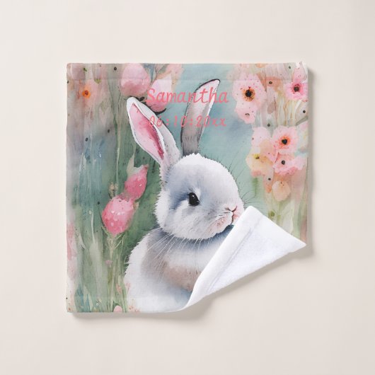 Cute Baby Bunny Pastel Waterverf Spring Flowers Bad Handdoek (Wasdoekje)