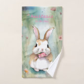 Cute Baby Bunny Pastel Waterverf Spring Flowers Bad Handdoek (Handdoek)