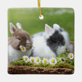 Cute Baby Bunny Rabbits with Flowers Keramisch Ornament