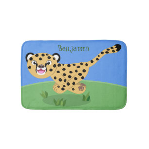 Cute baby cheetah draaiende cartoon illustratie badmat