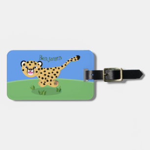 Cute baby cheetah draaiende cartoon illustratie bagagelabel