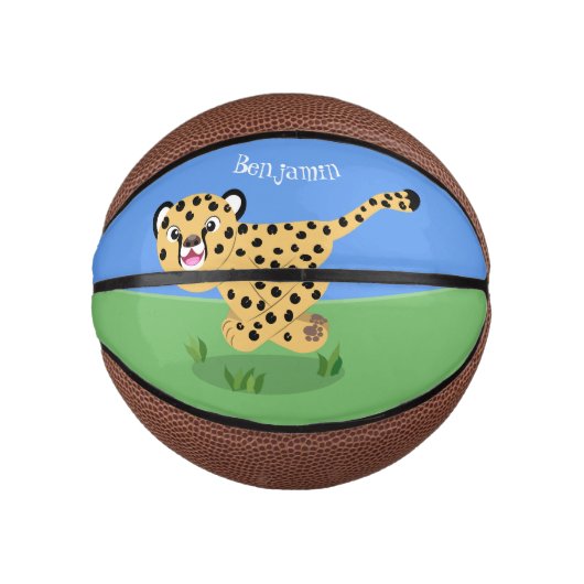 Cute baby cheetah draaiende cartoon illustratie basketbal (Voorkant)