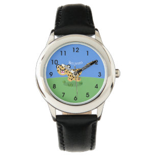 Cute baby cheetah draaiende cartoon illustratie horloge