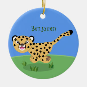 Cute baby cheetah draaiende cartoon illustratie keramisch ornament