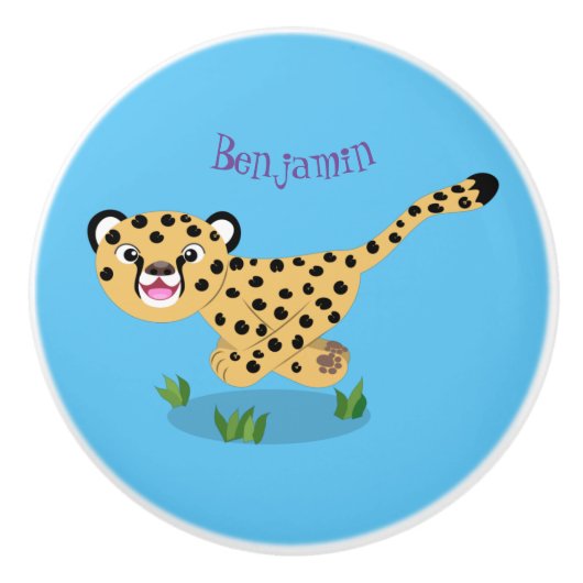 Cute baby cheetah draaiende cartoon illustratie keramische knop (Voorkant)
