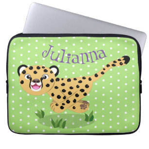 Cute baby cheetah draaiende cartoon illustratie laptop sleeve