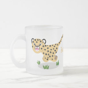 Cute baby cheetah draaiende cartoon illustratie matglas koffiemok