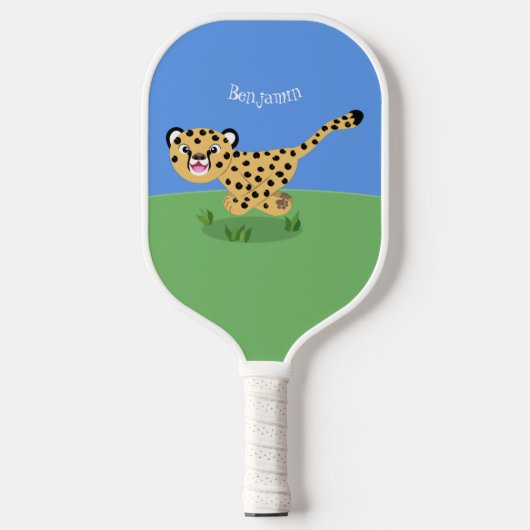 Cute baby cheetah draaiende cartoon illustratie pickleball paddle (Voorkant)