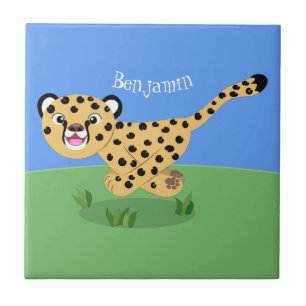 Cute baby cheetah draaiende cartoon illustratie tegeltje