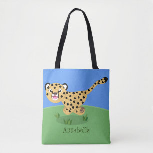 Cute baby cheetah draaiende cartoon illustratie tote bag