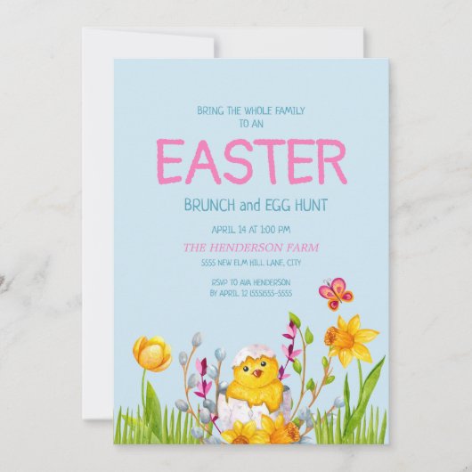 Cute Baby Chick Flowers Easter Brunch Egg Hunt Kaart (Voorkant)