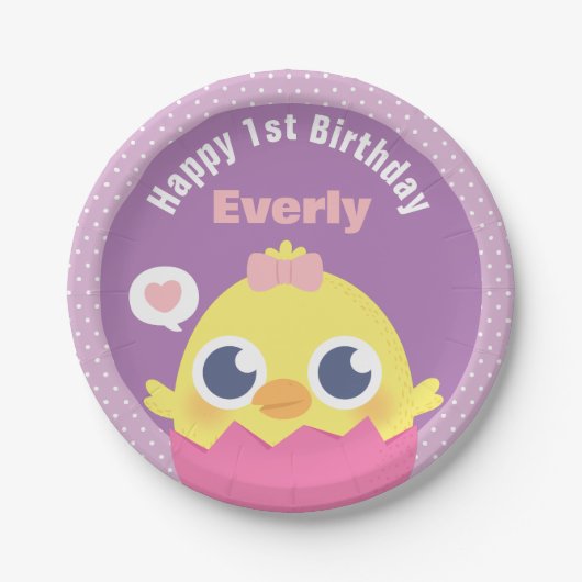 Cute Baby Chick Girl First Birthday Party Supply Papieren Bordje (Voorkant)