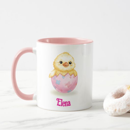 Cute Baby Chick Watercolor Easter Personalize Name Mok (Met donut)