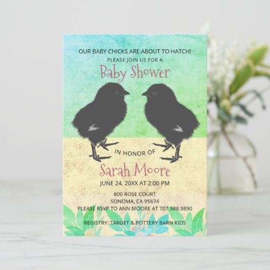 Cute Baby Chicken Green Twins Baby shower Kaart (Staand voorkant)