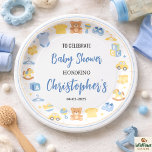 Cute Baby Clothes & Toys Boy Baby Shower Papieren Bordje<br><div class="desc">Cute boy baby shower paper plates with baby clothes and toys theme. Perfect tableware for baby boy shower party decorations. Make your party table extra cute with these boy baby shower paper plates featuring adorable baby clothes and toy illustrations. Perfect for serving cake, snacks, and party treats, these charming plates...</div>