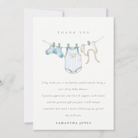Cute Baby Clothesline Aqua Blue Boy Baby shower Bedankkaart (Voorkant)