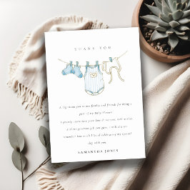 Cute Baby Clothesline Aqua Blue Boy Baby shower Bedankkaart