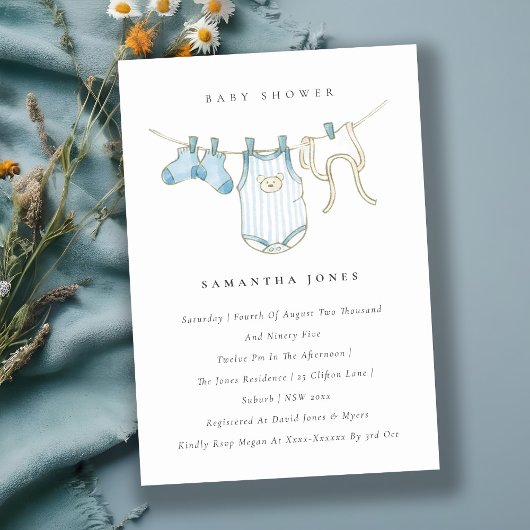 Cute Baby Clothesline Blue Boy Baby shower nodigt  Bedankkaart