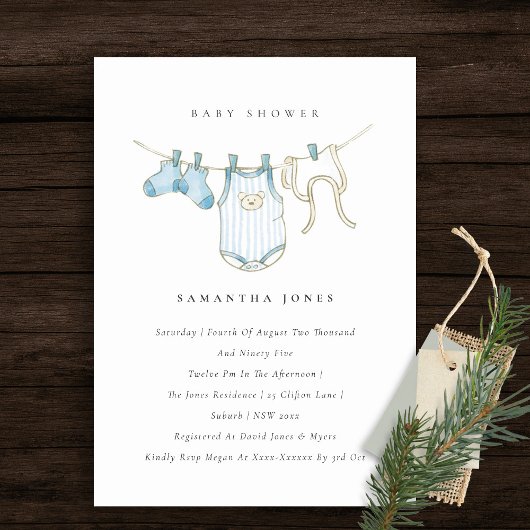 Cute Baby Clothesline Blue Boy Baby shower nodigt  Bedankkaart