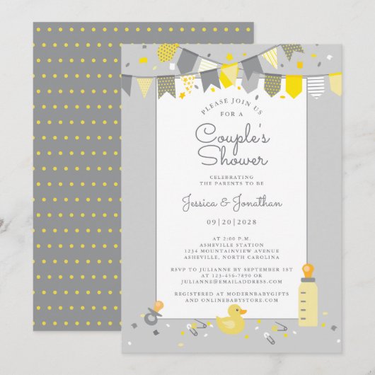 Cute Baby Couples Shower Gray Yellow Banner Modern Kaart (Voorkant / Achterkant)