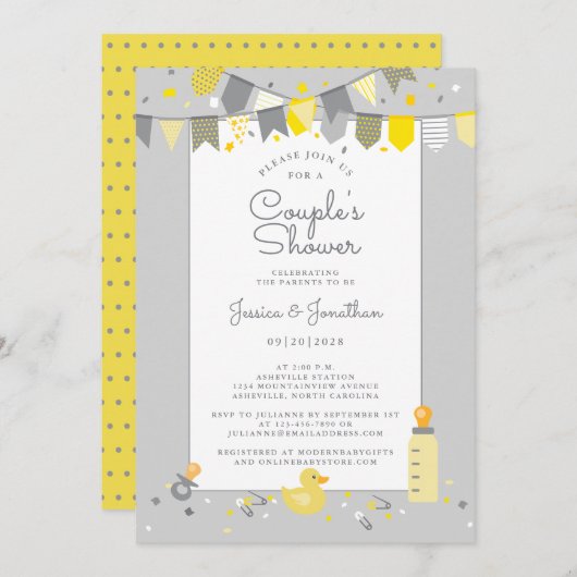 Cute Baby Couples Shower Yellow Grey Banner Modern Kaart (Voorkant / Achterkant)