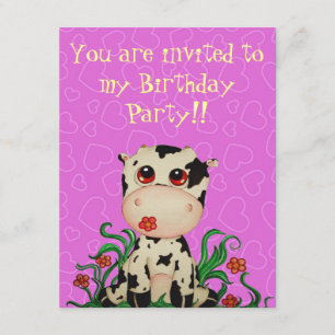 Cute Baby Cow Birthday Party Invitation Kaart